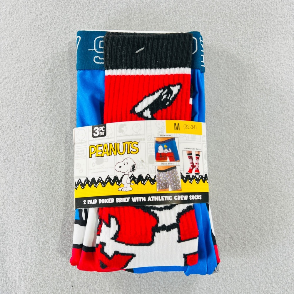 Peanuts Snoopy Boxer Briefs Socks Set Mens M Blue Gray Red 3pc NWT Underwear